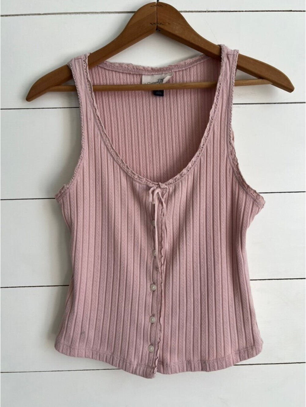 Universal Thread Pink Ribbed Button-Up Tank Top with Lace Trim Women's S Cottage